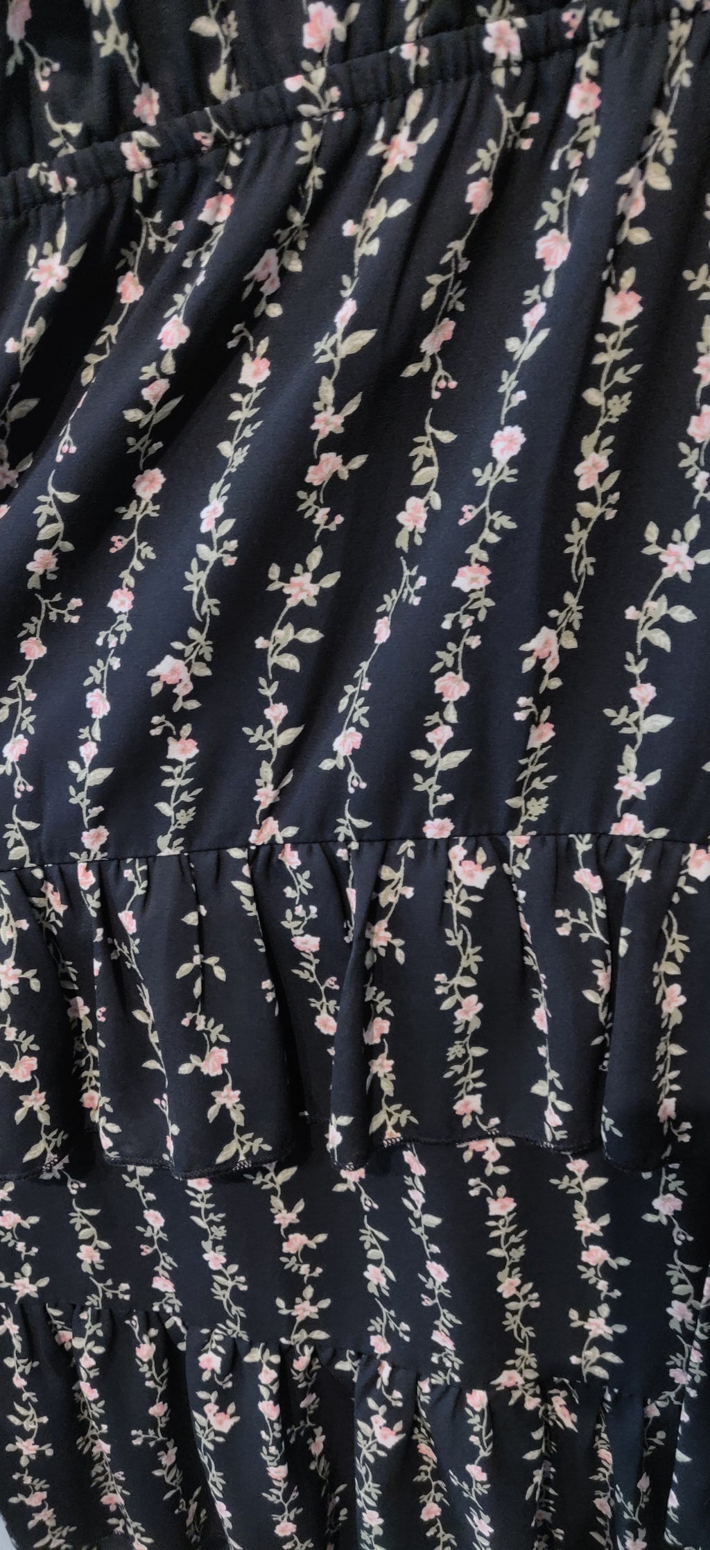 Black Tiered Pink Roses Midi Dress with Flutter Sleeves