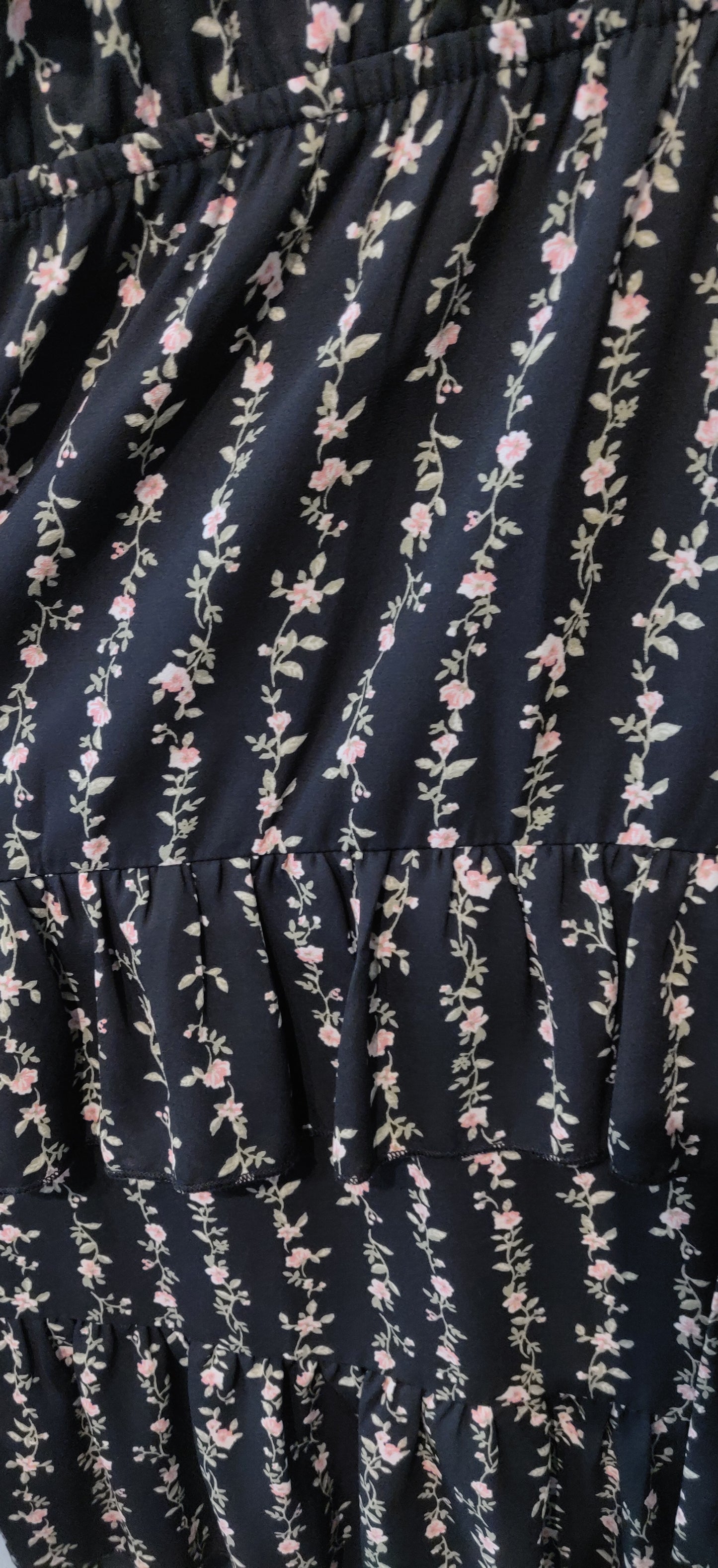 Black Tiered Pink Roses Midi Dress with Flutter Sleeves