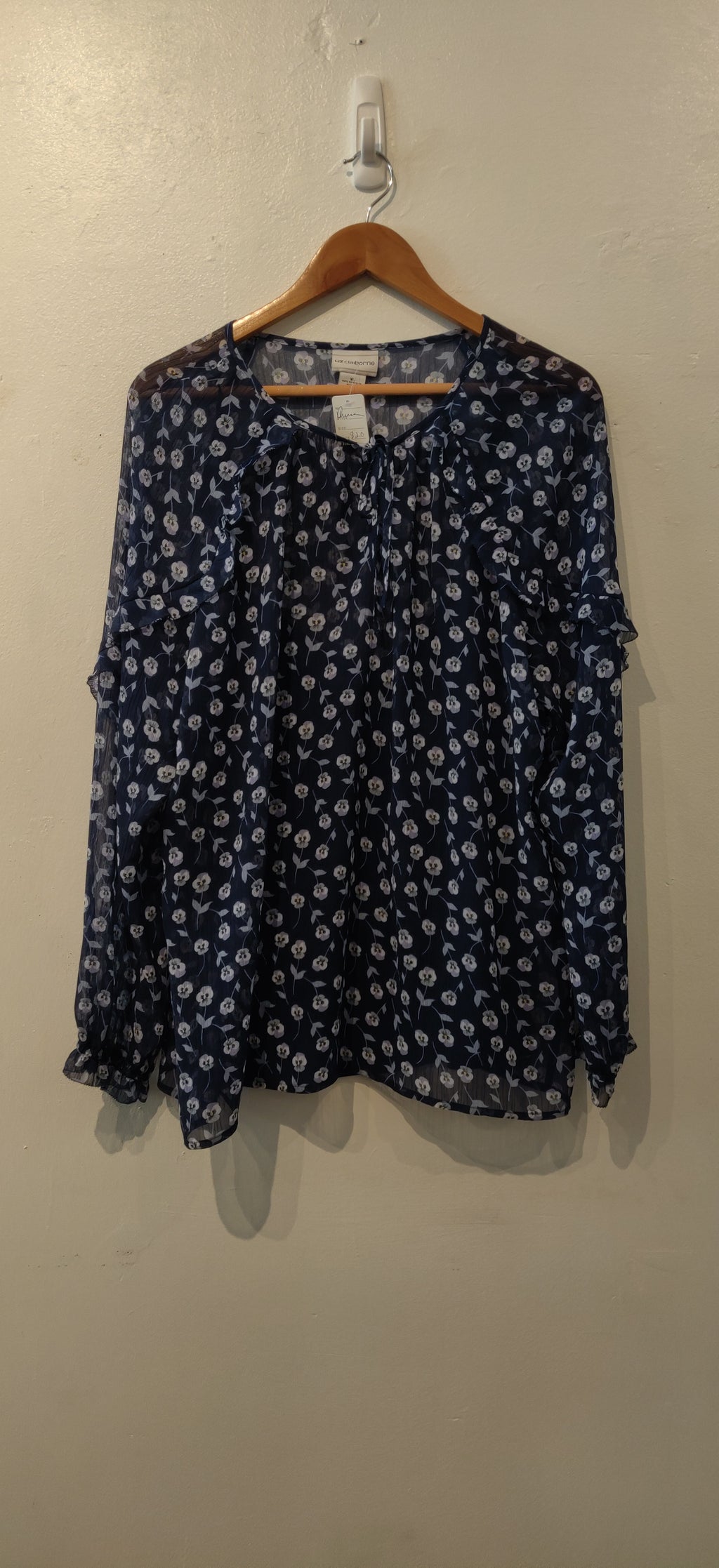 Liz Claiborne Blue Foral Sheer Long Sleeve Blouse