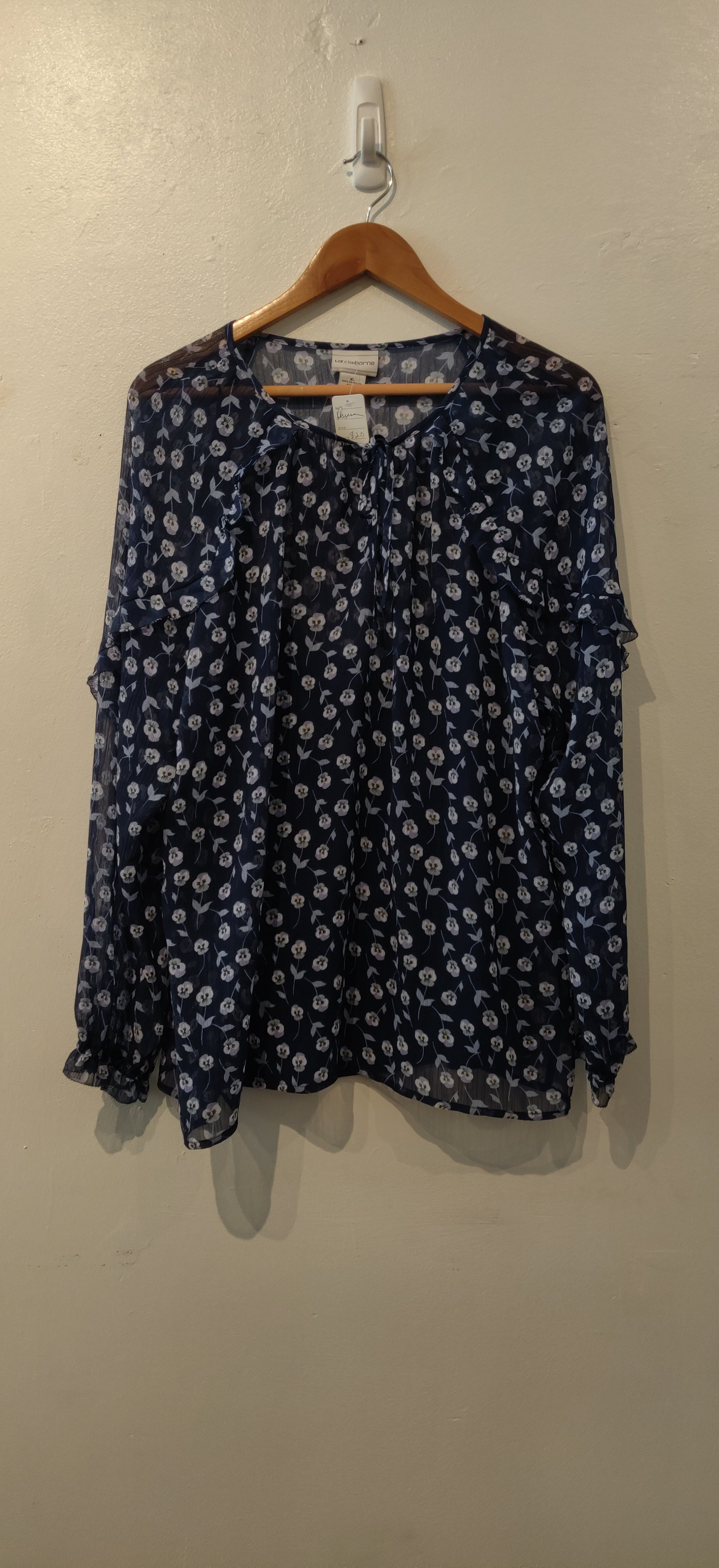 Liz Claiborne Blue Foral Sheer Long Sleeve Blouse