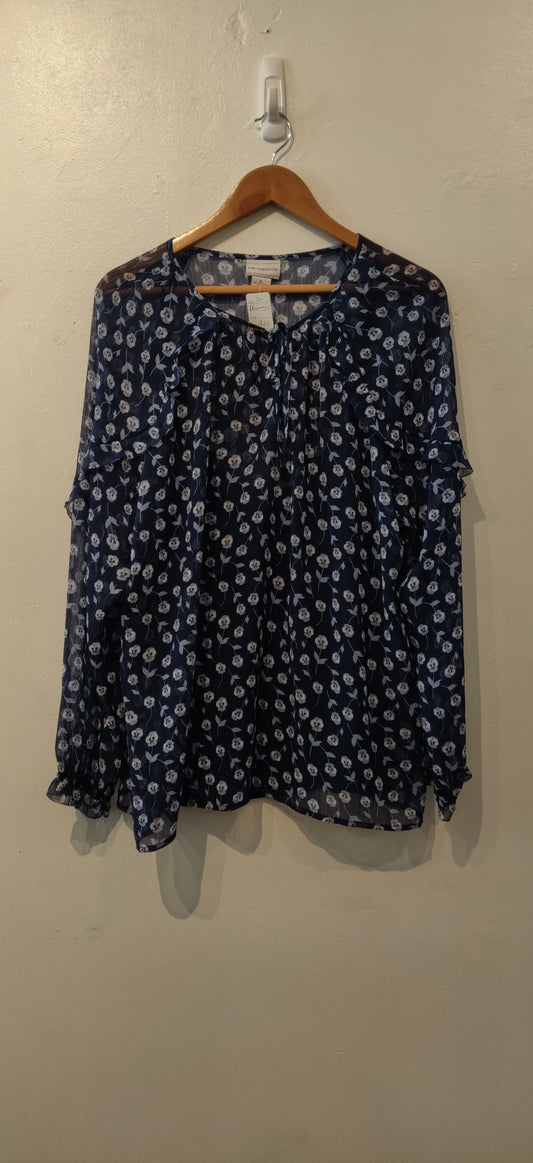 Liz Claiborne Blue Foral Sheer Long Sleeve Blouse