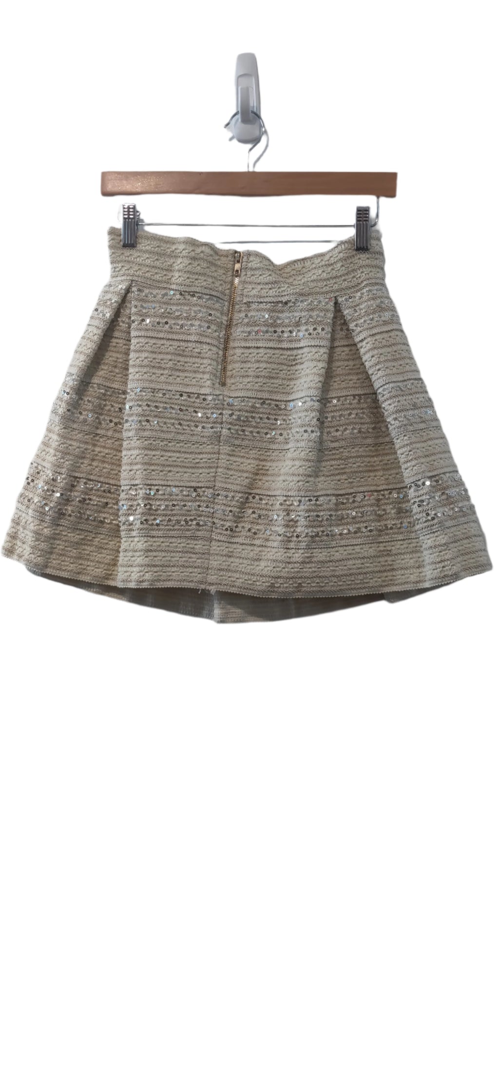 Ginger G Beige Pleated Sequin Skirt– Textured, Stretchy, Flared