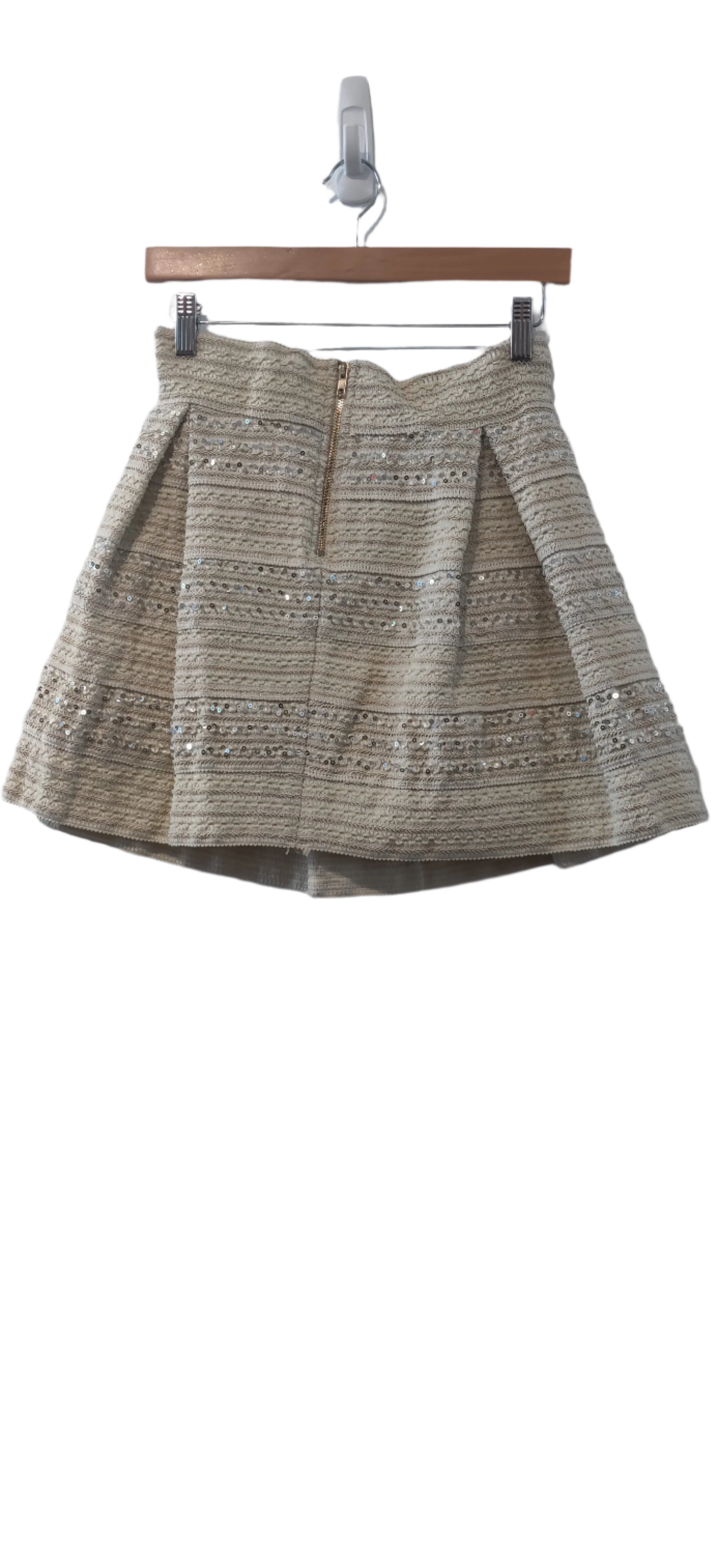 Ginger G Beige Pleated Sequin Skirt– Textured, Stretchy, Flared