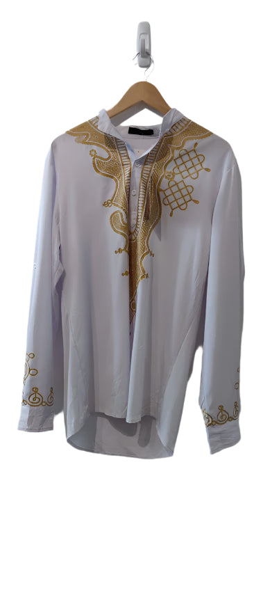 Men's Long Sleeve White Traditional African Gold Printed Shirt