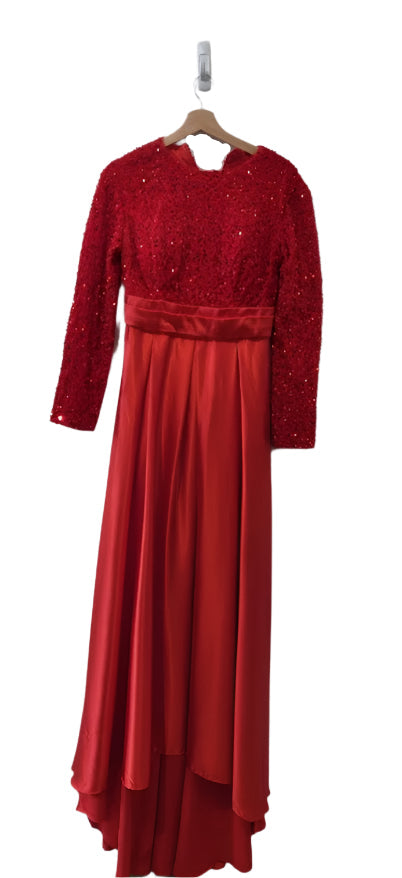 AO YAN Red Long Sleeve Sequin Prom Dress With Pocket